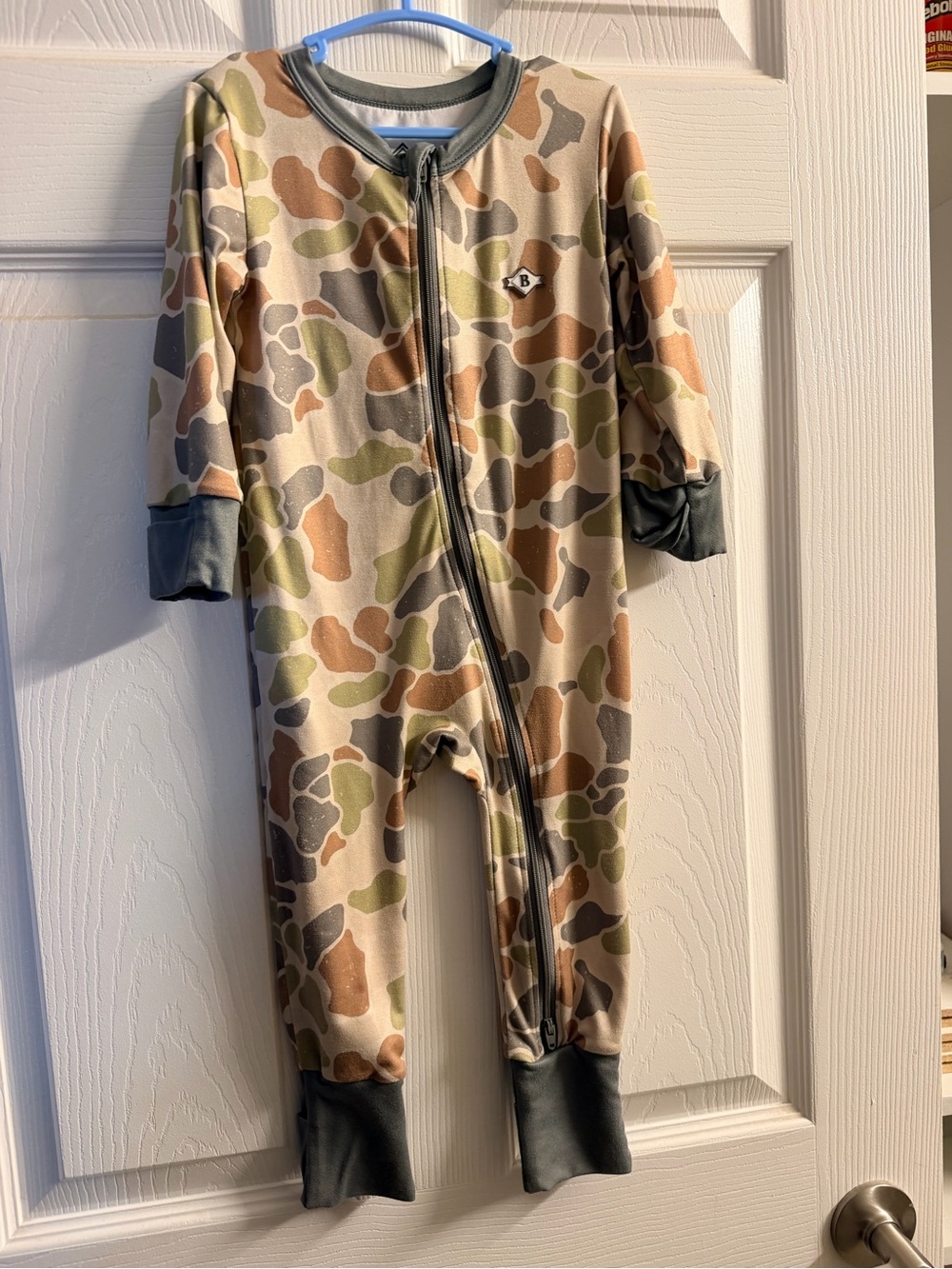 BURLEBO Neutral Camo Zip-Front One-Piece in Green, Brown, Tan